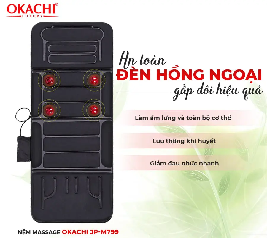 Nệm massage toàn thân nhiệt và đèn hồng ngoại OKACHI JP-M799 - màu đen