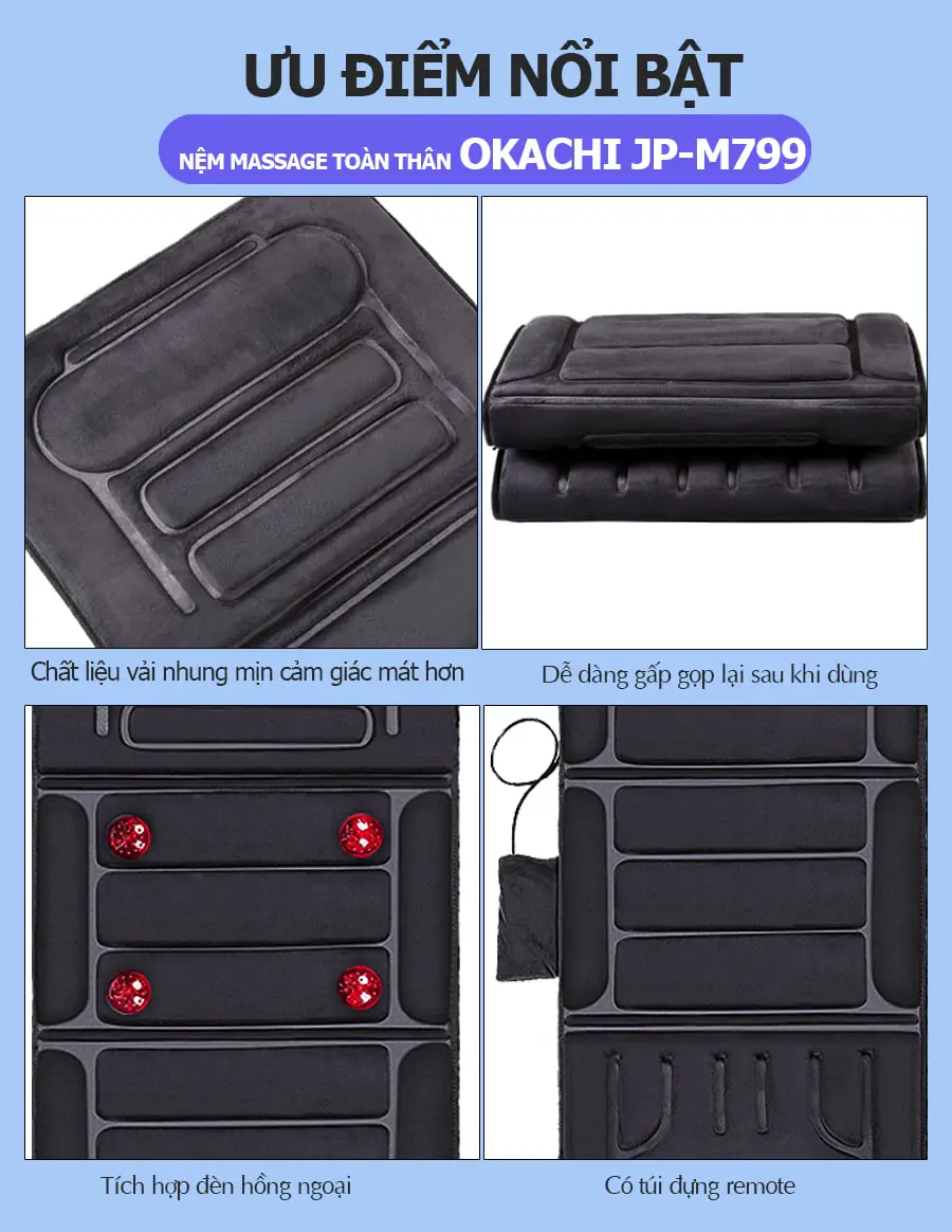 Nệm massage toàn thân nhiệt và đèn hồng ngoại OKACHI JP-M799 - màu đen